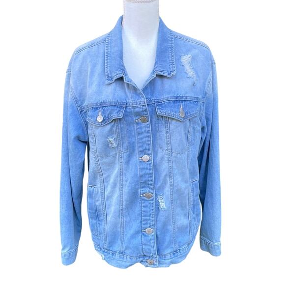 Wax Jean Distressed Classic Trucker Denim Blue Jean Jacket Women's Size Large - Picture 1 of 14